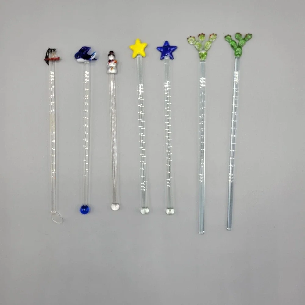 Glass Stirrer Sticks Set Of 7 Decorative Tops  Penguin Fish Snowman Star Cactus